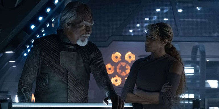 Raffi Musiker, arms folded, glares at Worf on La Sirena in Star Trek Picard season 3