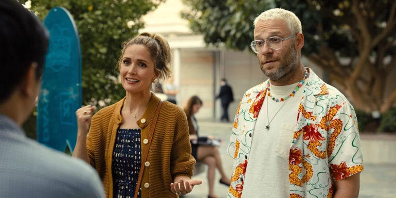 Rose Byrne and Seth Rogen look on in Platonic