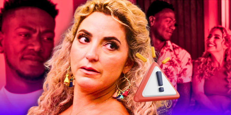 90 Day Fiancé The Other Way's Daniele Gates next to a warning sign & Yohan Geronimo's faded photos with her in the backhround