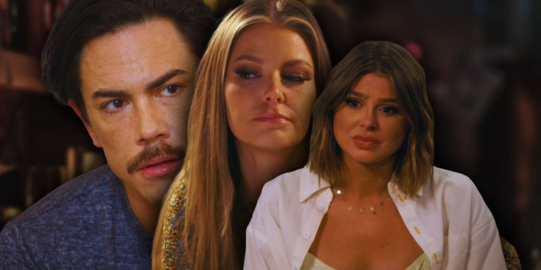 Vanderpump Rules stars Ariana Madix, Tom Sandoval, and Raquel Leviss looking worried in front of dark background
