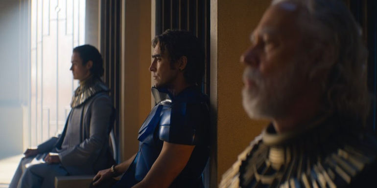 Cassian Bilton as Brother Dawn, Lee Pace as Brother Day, and Terrance Mann as Brother Dusk in Foundation