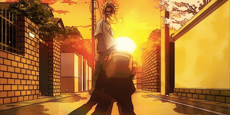 Deku kneels in front of All Might as the sun sets in My Hero Academia
