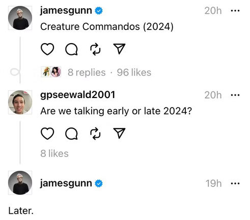 On Threads, James Gunn reveals that Creature Commandos debuts in Late 2024