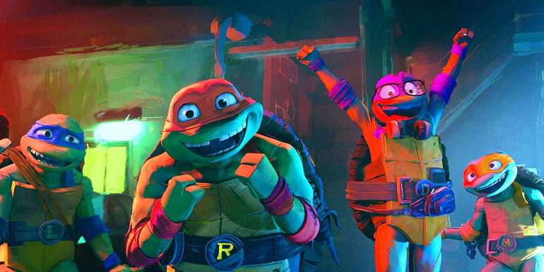 The Turtles celebrating in TMNT Mutant Mayhem