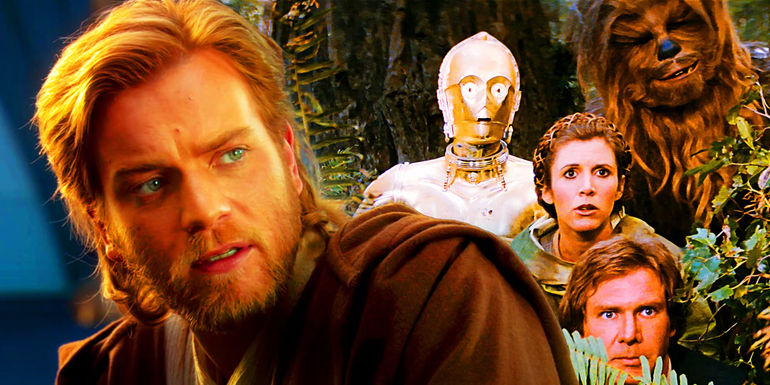 Obi-Wan Kenobi in Attack of the Clones and a still from Return of the Jedi