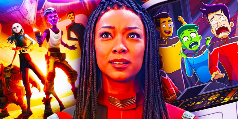 Captain Burnham and the casts of Prodigy and Lower Decks