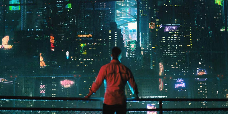 Takeshi Kovacs from behind looking at the city in Altered Carbon