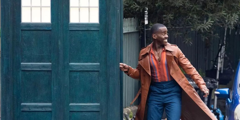 Doctor Who Ncuti Gatwa approaching the TARDIS