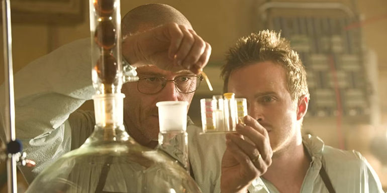 Wal and Jesse working with a chemistry set in Breaking Bad