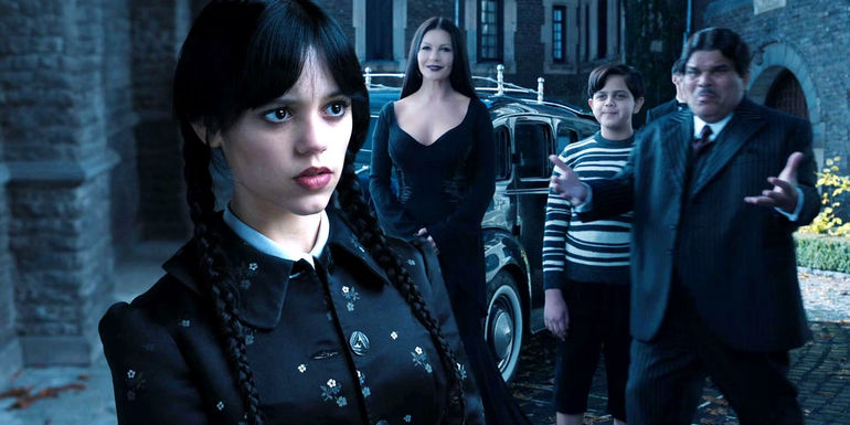 Custom image of Wednesday at Nevermore Academy and the Addams Family saying goodbye