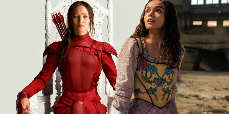 Lucy Gray Baird looking shocked in The Ballad of Songbirds and Snakes next to Katniss Everdeen sitting on a throne in her red Mockingjay suit from The Hunger Games