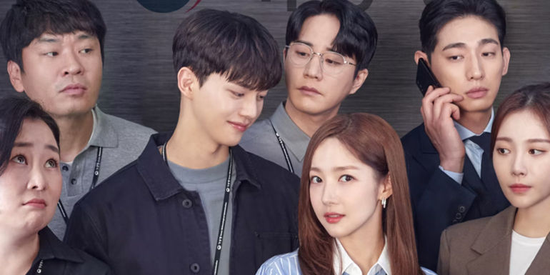 The cast of Forecasting Love and Weather in an elevator