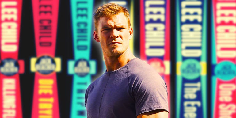 Alan Ritchson as Jack Reacher stares off with book collage background