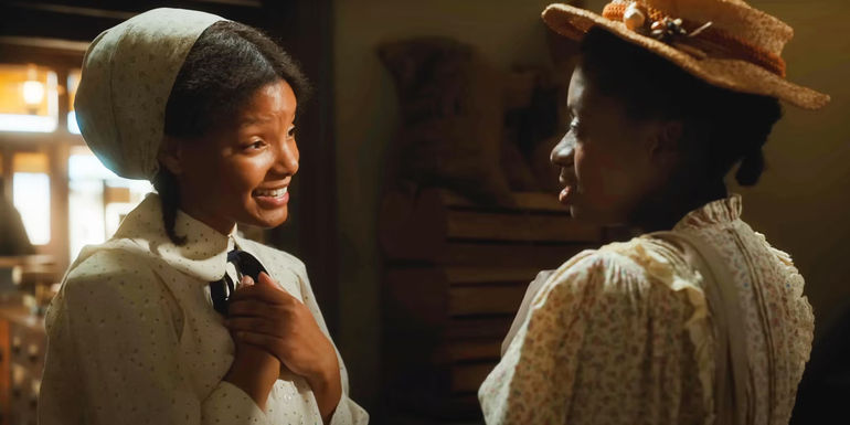 Celie and Nettie crossing their arms over their hearts in The Color Purple