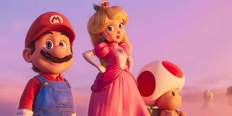 Mario, Peach, and Toad all looking content in Super Mario Bros Movie