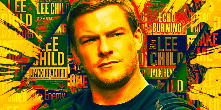 Alan Ritchson as Jack Reacher with yellow accents and background of Reacher book covers