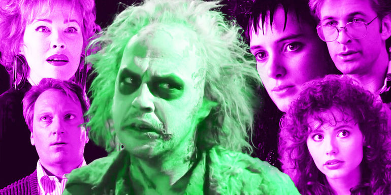 Collage of Delia, Charles, Beetlejuice, Lydia, Barbara, and Adam in Tim Burton's Beetlejuice 1988