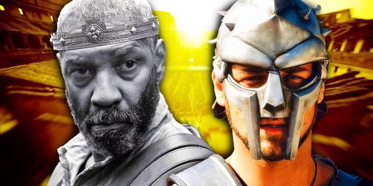 Collage of Denzel Washington as Macbeth in The Tragedy of Macbeth with Russell Crowe as Maximus wearing a mask in Gladiator