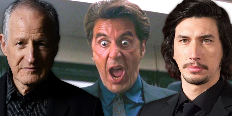 Director Michael Mann and actor Adama Driver, both involved with Heat 2, superimposed over a still of Al Pacino in Heat.