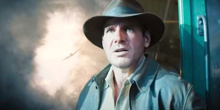 Custom image of deaged Harrison Ford and a plane flying through a hole in the clouds in Indiana Jones and the Dial of Destiny.