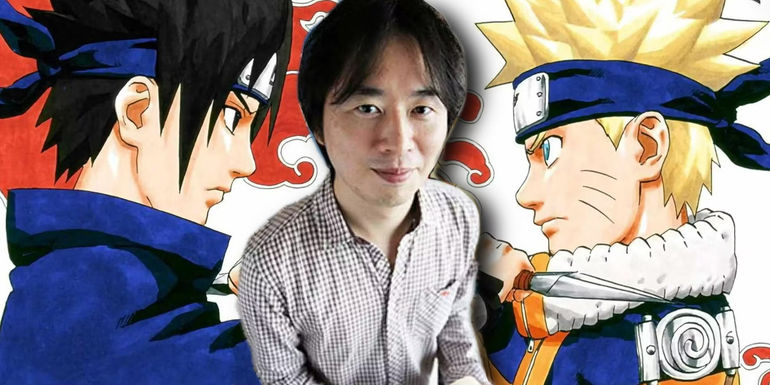 Colored image from Naruto chapter 181 shows a young Sasuke and Naruto glaring at each other with kunai held in front of their throats with creator Masashi Kishimoto.