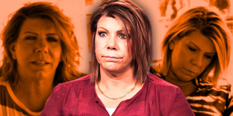 Meri Brown from Sister Wives montage meri in foreground in red top orange background