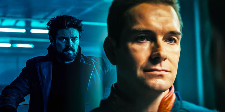 A blended image of Karl Urban' as Butcher and Anthony Starr as Homelander from The Boys as they look unhappy