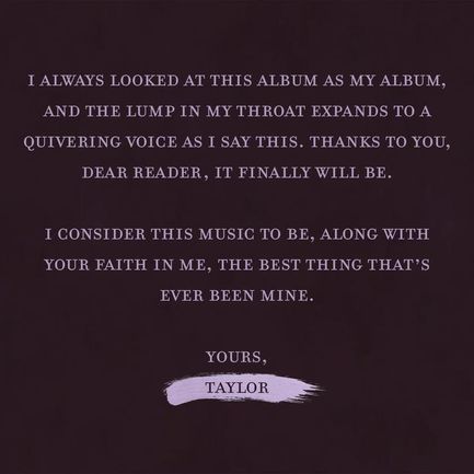 The image contains a text message on a dark background expressing gratitude to a reader and considering music and faith as the best things ever owned, signed by 