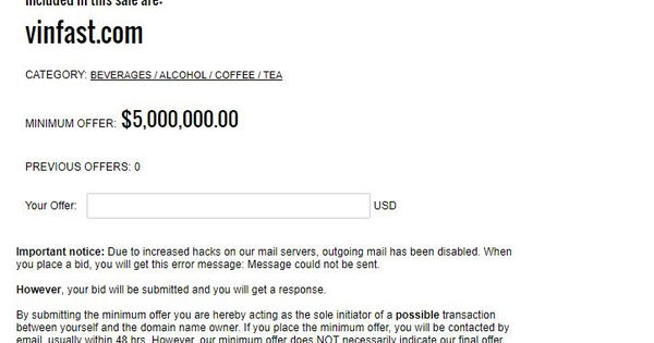 VinFastcom: Diễn biến ngạc nhiên khi tên miền này được rao bán với giá 5 triệu USD