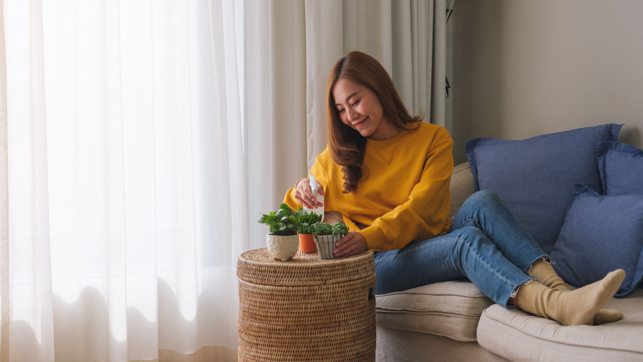 A beautiful young woman taking care and watering houseplants with plant mister spray at home