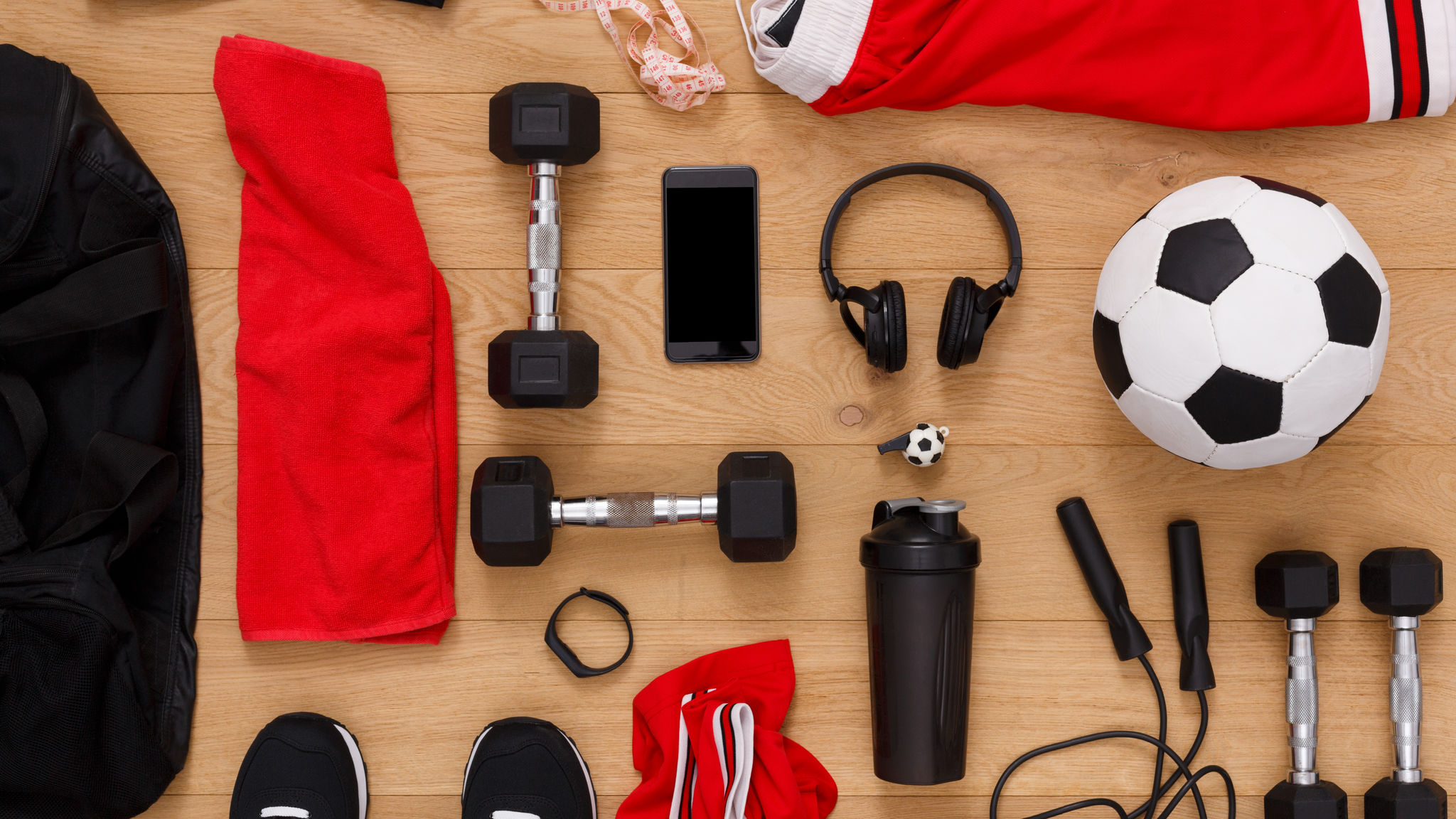 Workout, soccer and sport equipment background 