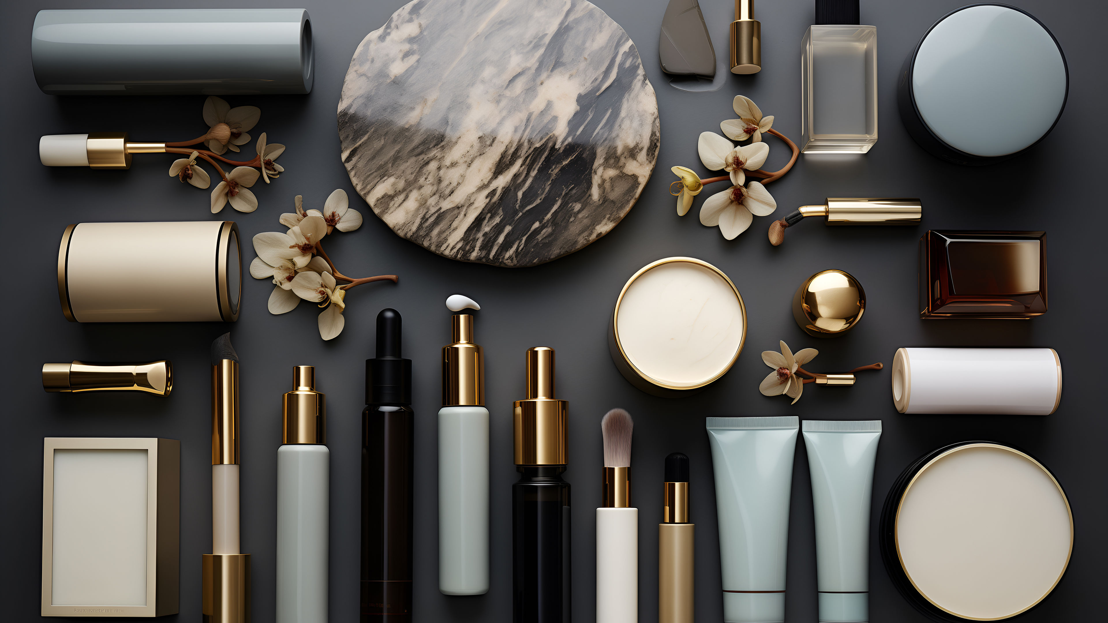  Cosmetic items in golden shades arranged on the table