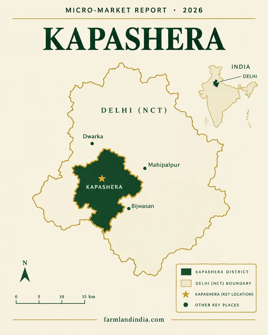 Locator map of Kapashera in South West Delhi, Delhi, showing Kapashera, Bijwasan, Mahipalpur, Dwarka