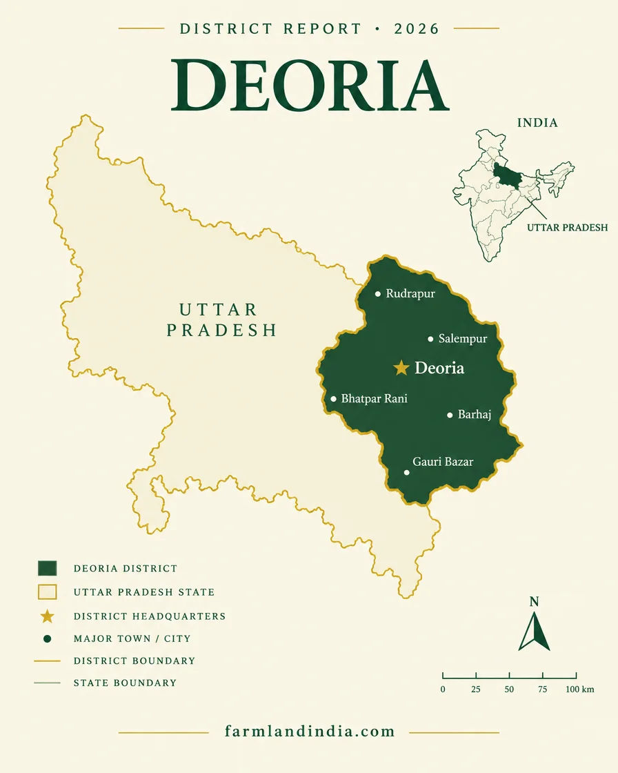 Locator map of Deoria district in Uttar Pradesh showing Deoria, Rudrapur, Salempur, Bhatpar Rani, Barhaj, Gauri Bazar