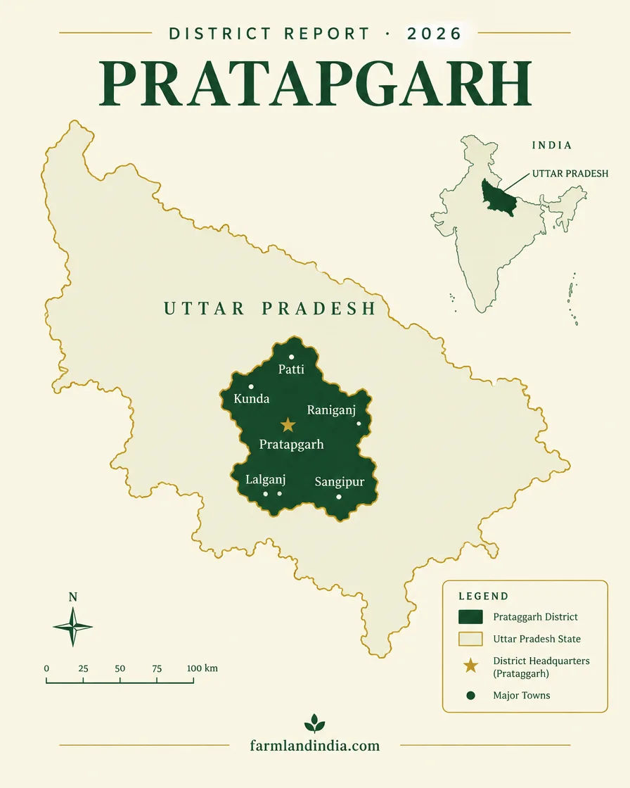 Locator map of Pratapgarh district in Uttar Pradesh showing Pratapgarh, Kunda, Patti, Raniganj, Lalganj, Sangipur