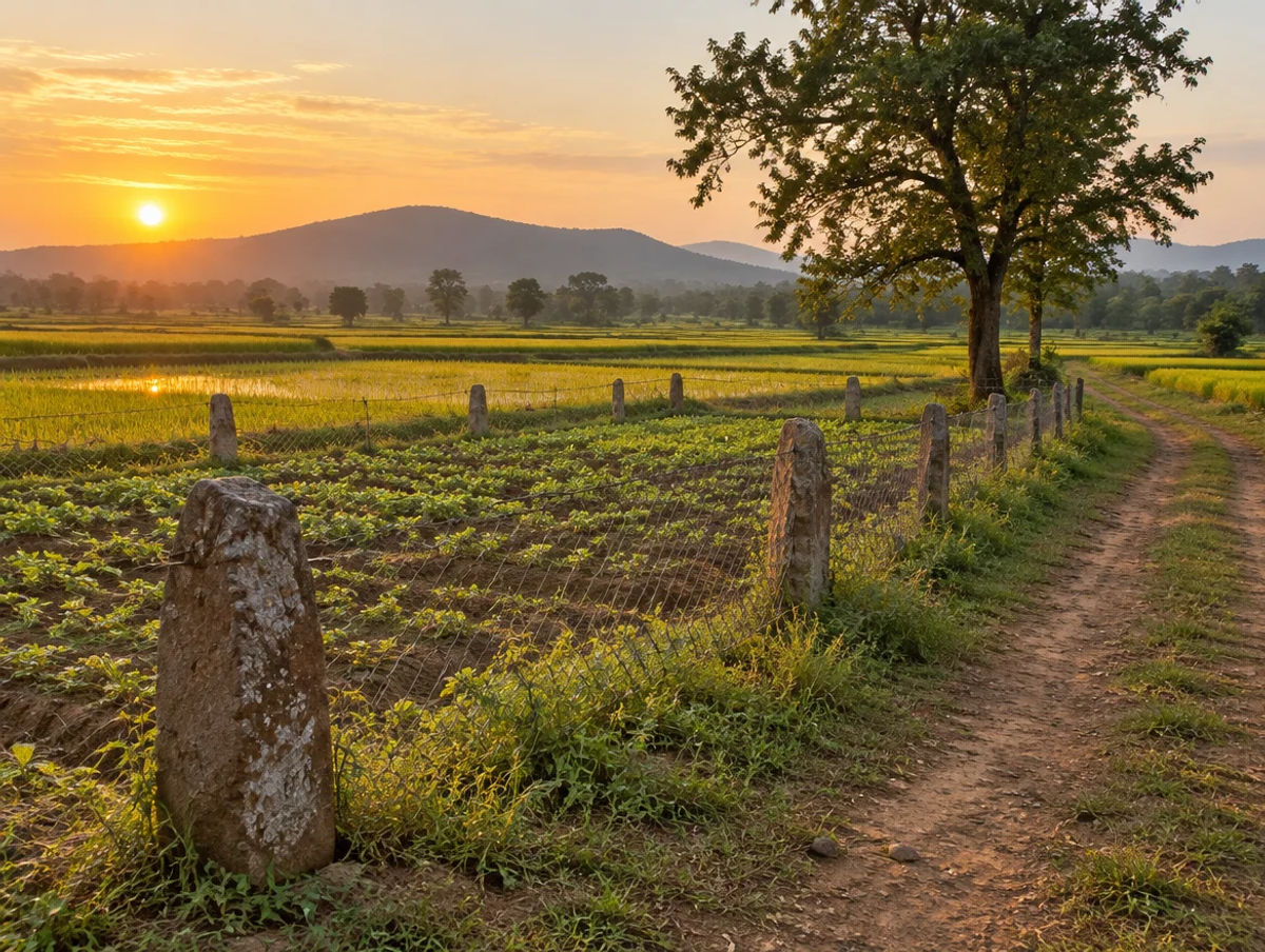 Fenced farm plot with boundary stones, Narmada-side fields and sal forest near Mandla, Madhya Pradesh