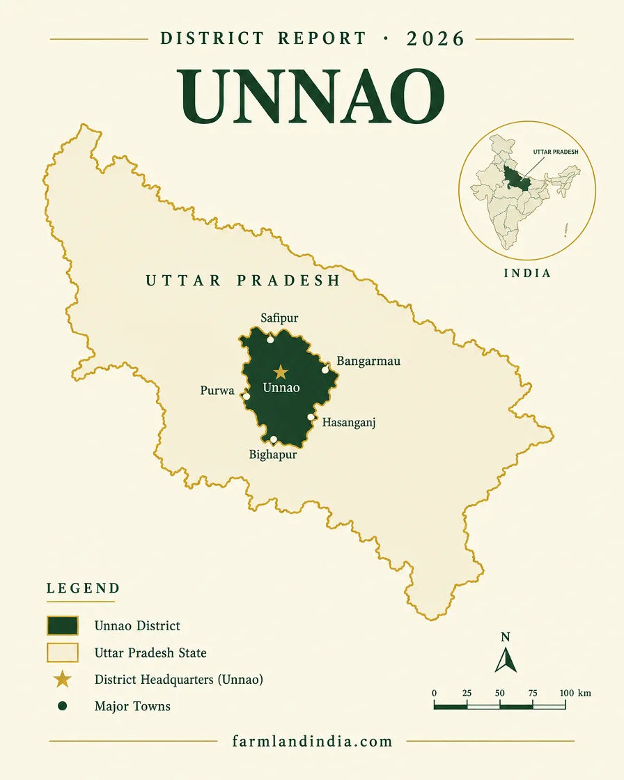Locator map of Unnao district in Uttar Pradesh showing Unnao, Safipur, Bangarmau, Purwa, Hasanganj, Bighapur