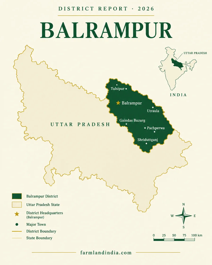 Locator map of Balrampur district in Uttar Pradesh showing Balrampur, Tulsipur, Utraula, Gaindas Buzurg, Pachperwa, Shriduttganj