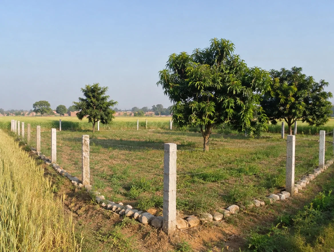 Fenced farm plot with boundary stones in Auraiya district, Uttar Pradesh