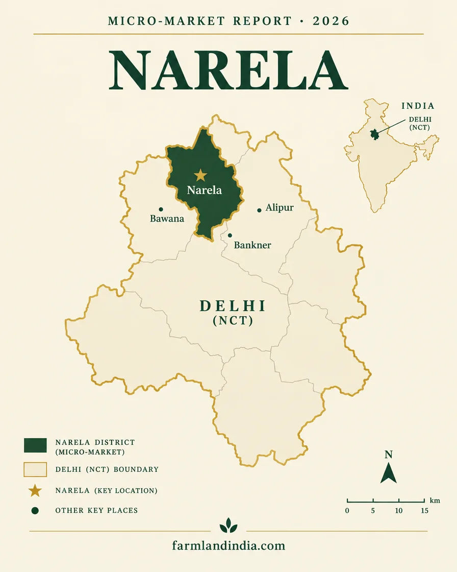 Locator map of Narela in Outer North Delhi, Delhi, showing Narela, Bawana, Alipur, Bankner