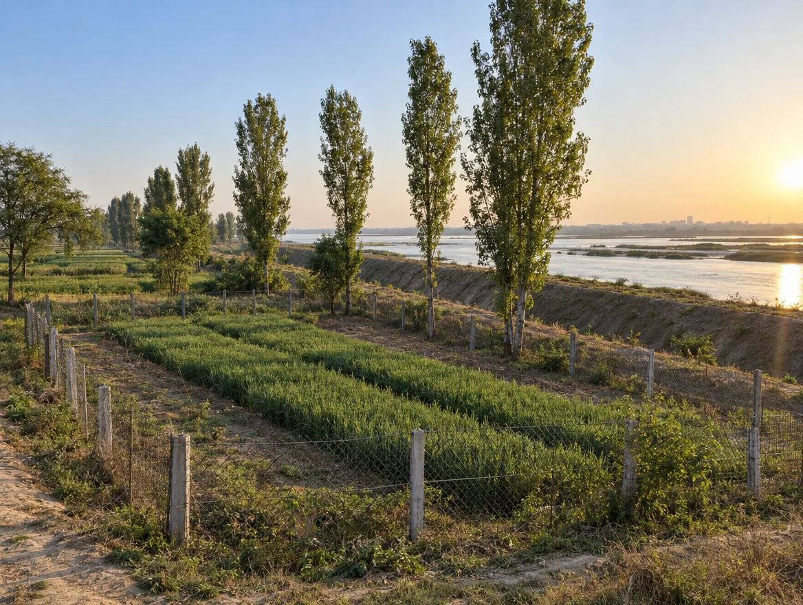 A fenced plot on the Yamuna floodplain edge in North East Delhi with an embankment, wheat strips and poplar trees