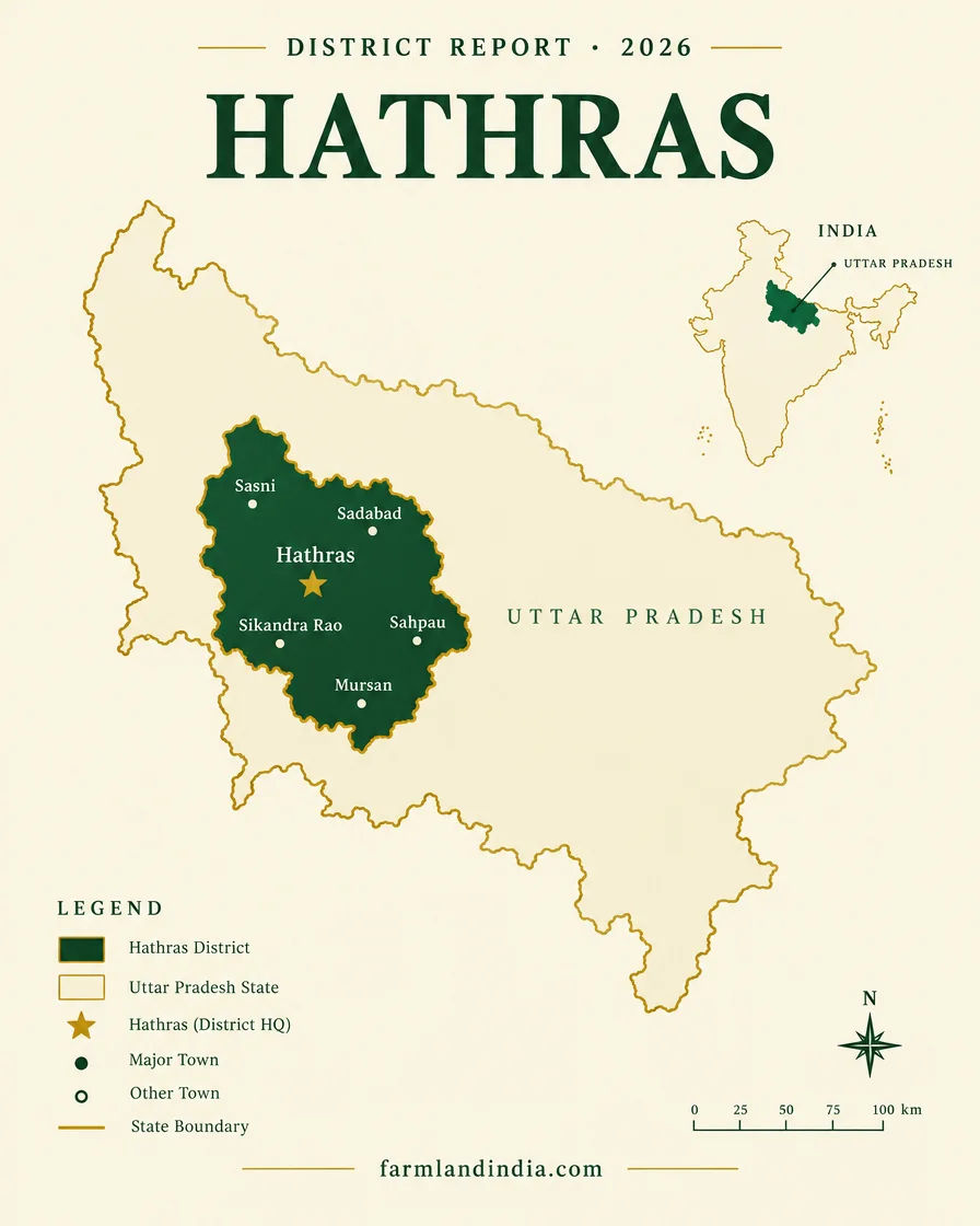 Locator map of Hathras district in Uttar Pradesh showing Hathras, Sadabad, Sasni, Sikandra Rao, Sahpau, Mursan