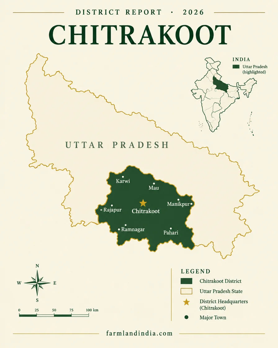 Locator map of Chitrakoot district in Uttar Pradesh showing Karwi, Mau, Manikpur, Rajapur, Ramnagar, Pahari