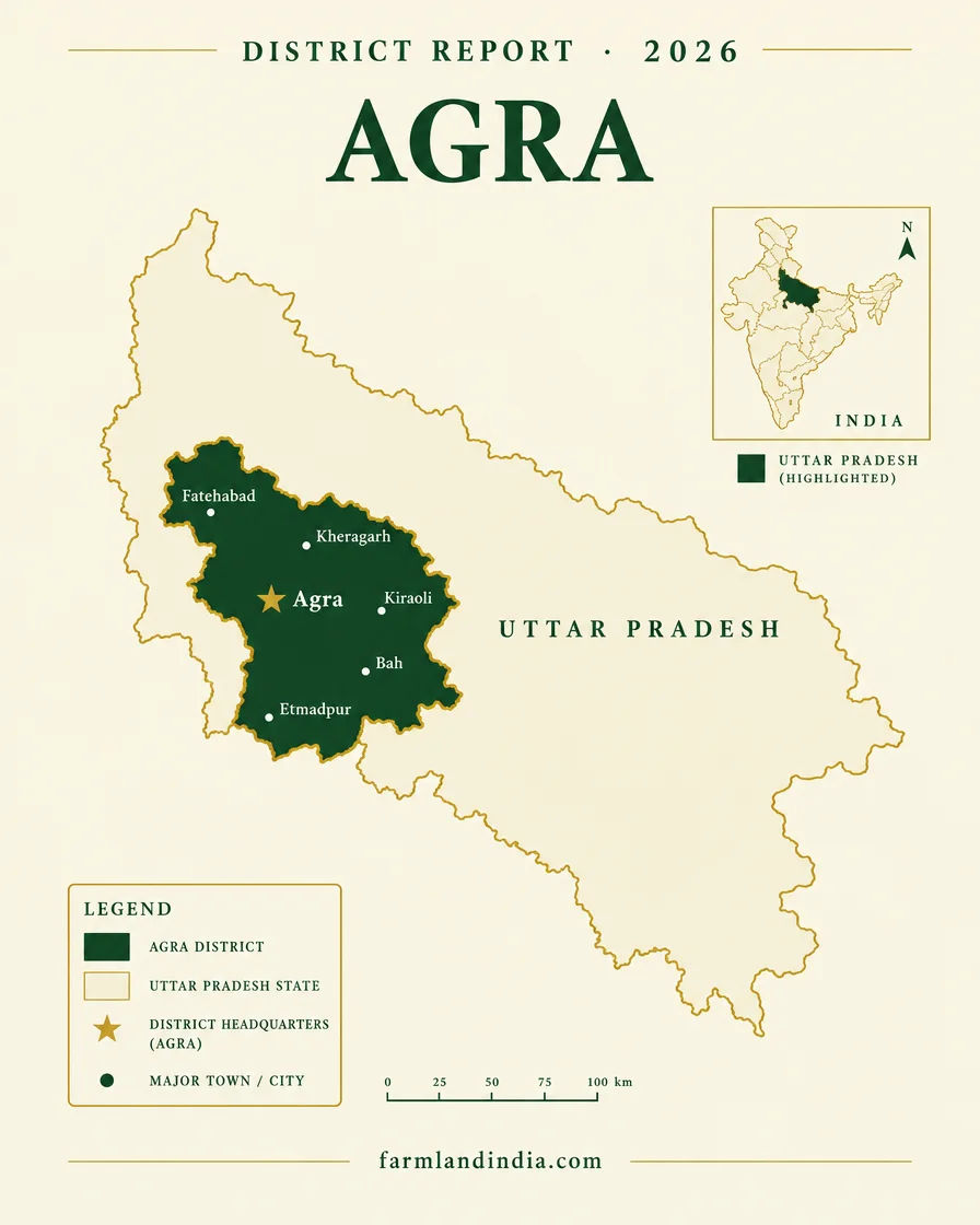 Locator map of Agra district in Uttar Pradesh showing the main towns and tehsils