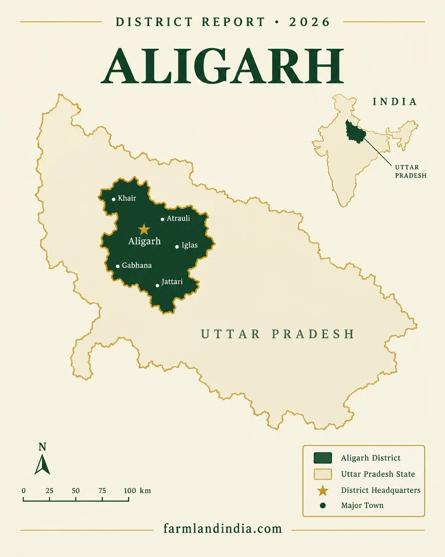 Locator map of Aligarh district in Uttar Pradesh showing the main towns and tehsils