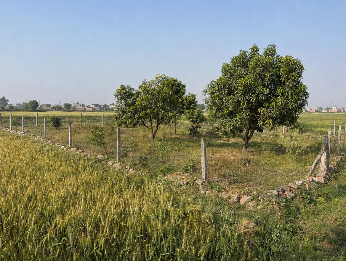 Fenced farm plot with boundary stones in Ghaziabad district, Uttar Pradesh