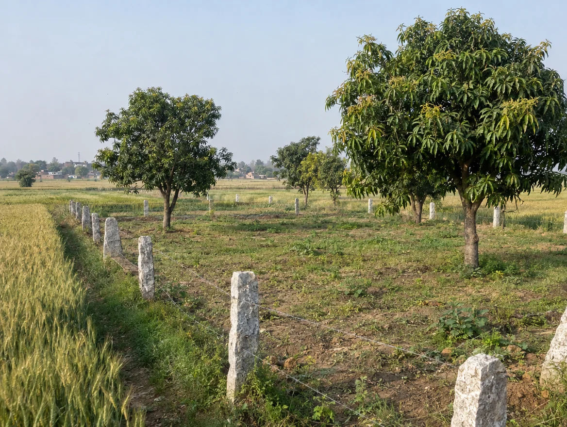 Fenced farm plot with boundary stones in Saharanpur district, Uttar Pradesh