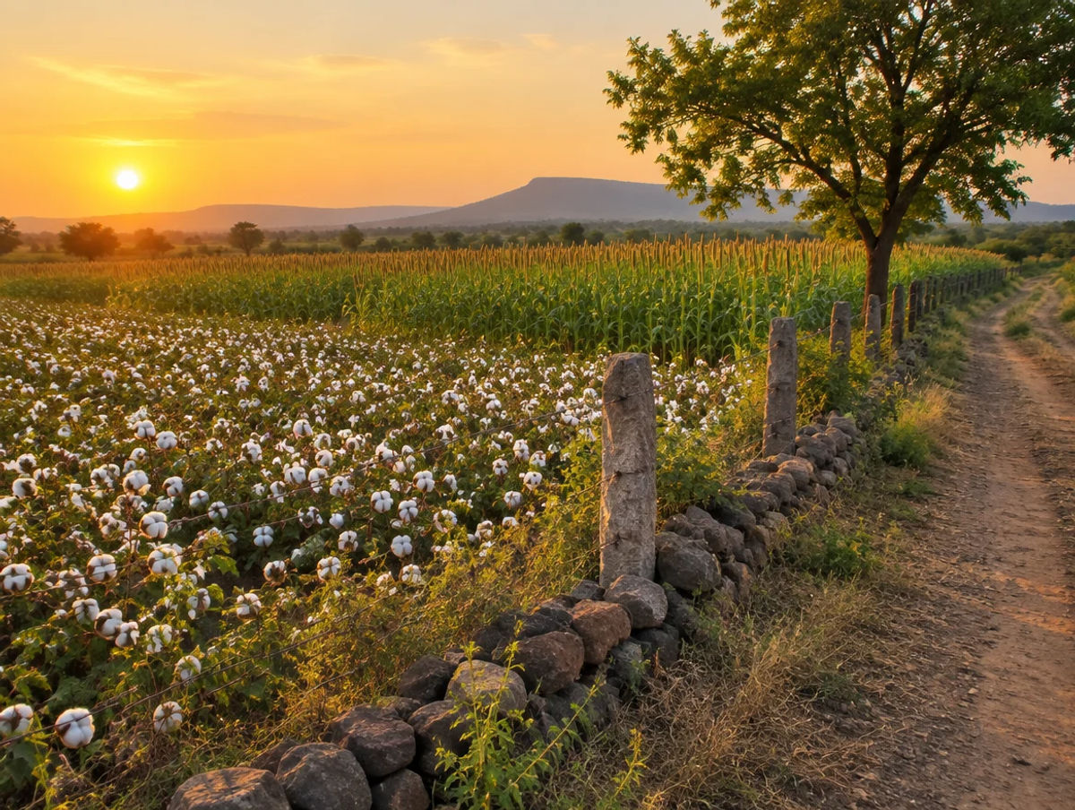 Fenced farm plot with boundary stones and cotton fields near Dhule, Maharashtra