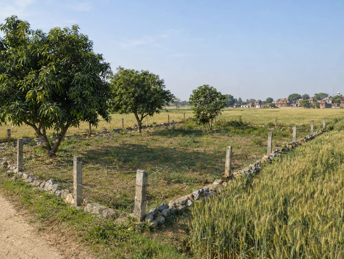 Fenced farm plot with boundary stones in Mirzapur district, Uttar Pradesh