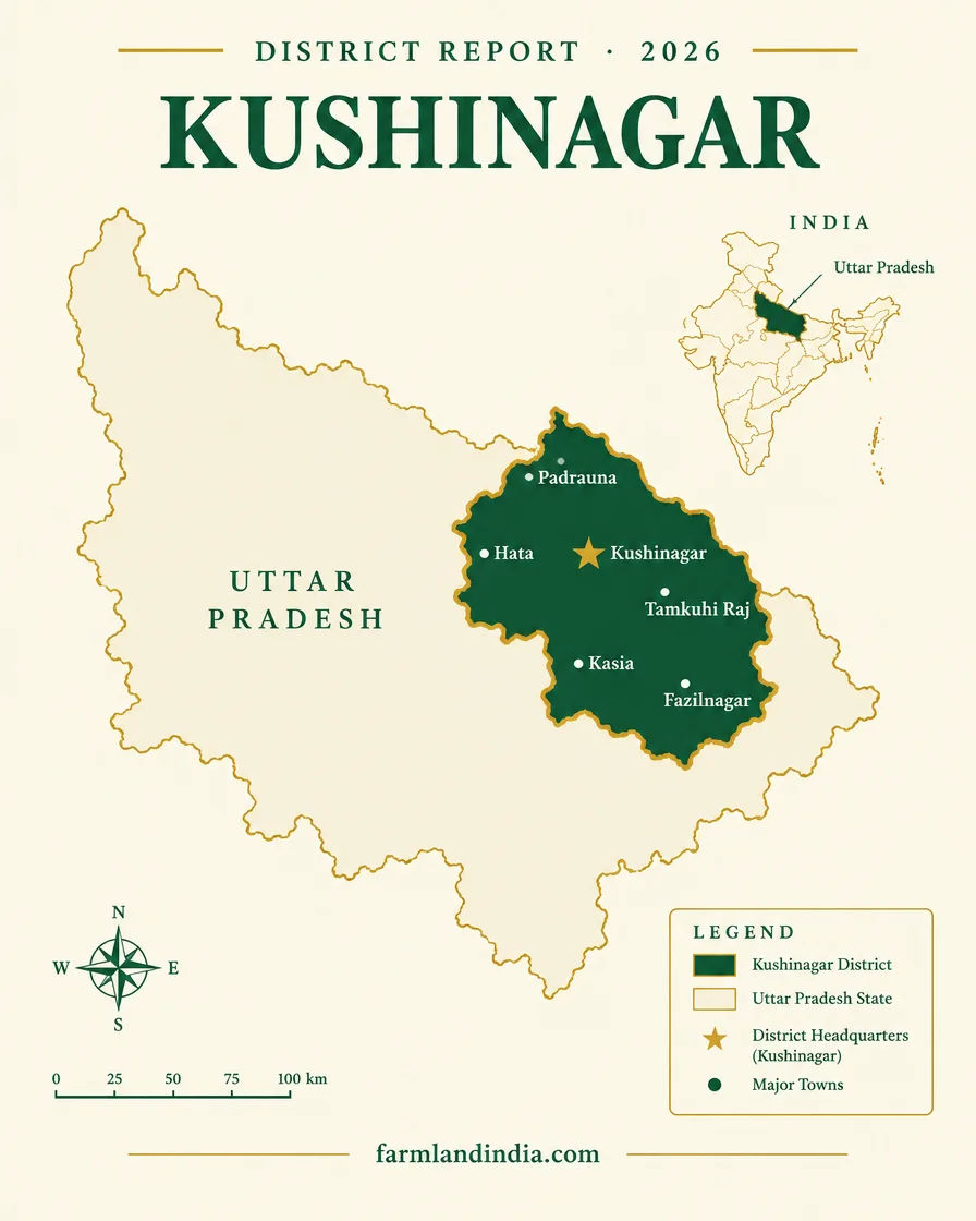 Locator map of Kushinagar district in Uttar Pradesh showing Kushinagar, Padrauna, Hata, Tamkuhi Raj, Kasia, Fazilnagar